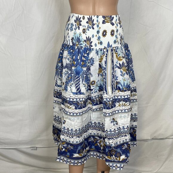 Farm Rio Women's Ana Tapestry Cotton Midi Skirt Blue/White Size S - Picture 2 of 8